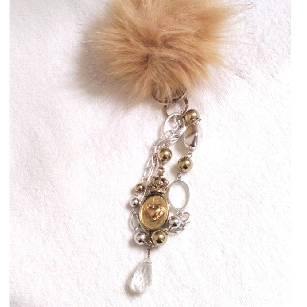 Antique Crystal Fancy Keychain Purse Charm Pom & Chains Mirror Dangle Boho Glam